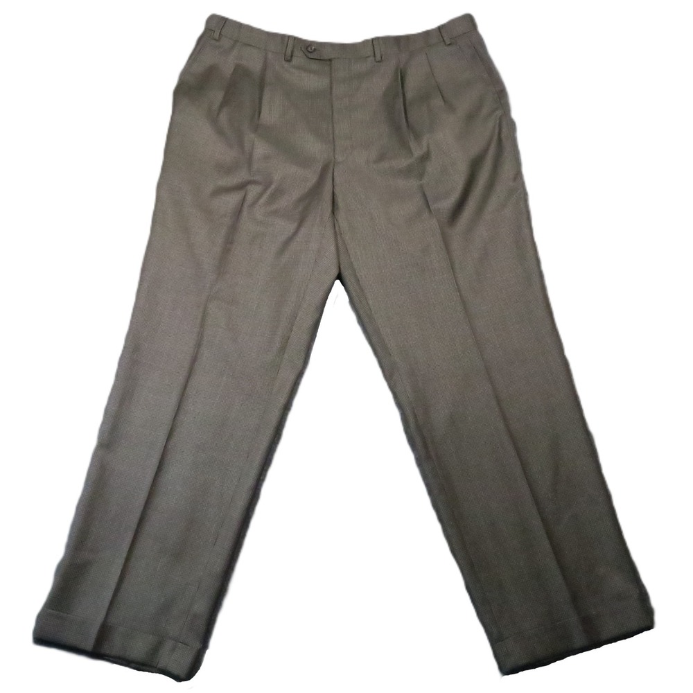 Lauren Ralph Lauren Dress Pants Men 42x32 Brown Wool Plaid Pleated Cuffed Office